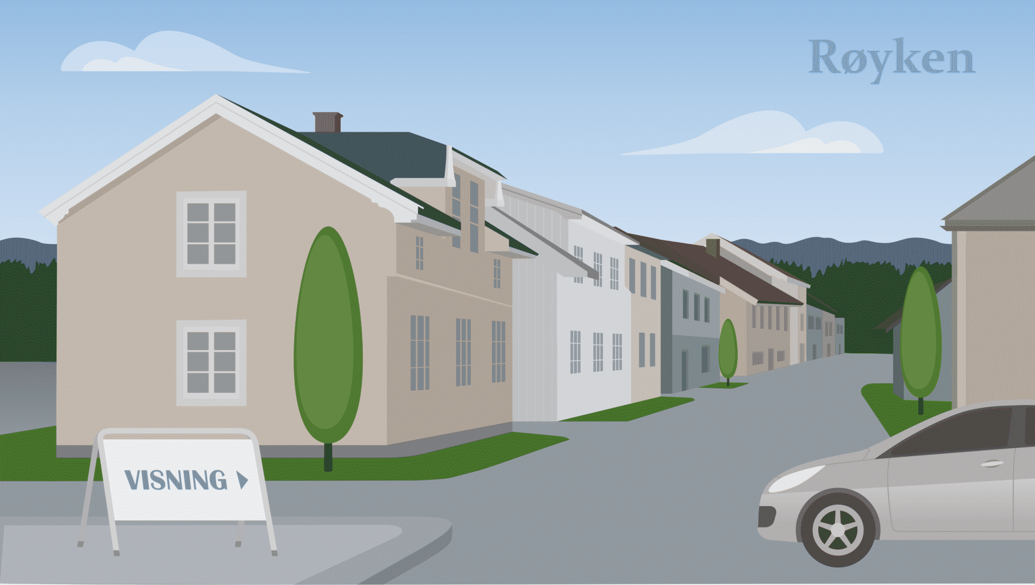 Tegning av hus og visningsskilt. Brukt som illustrasjon i artikkel om beste eiendomsmegler i Røyken.