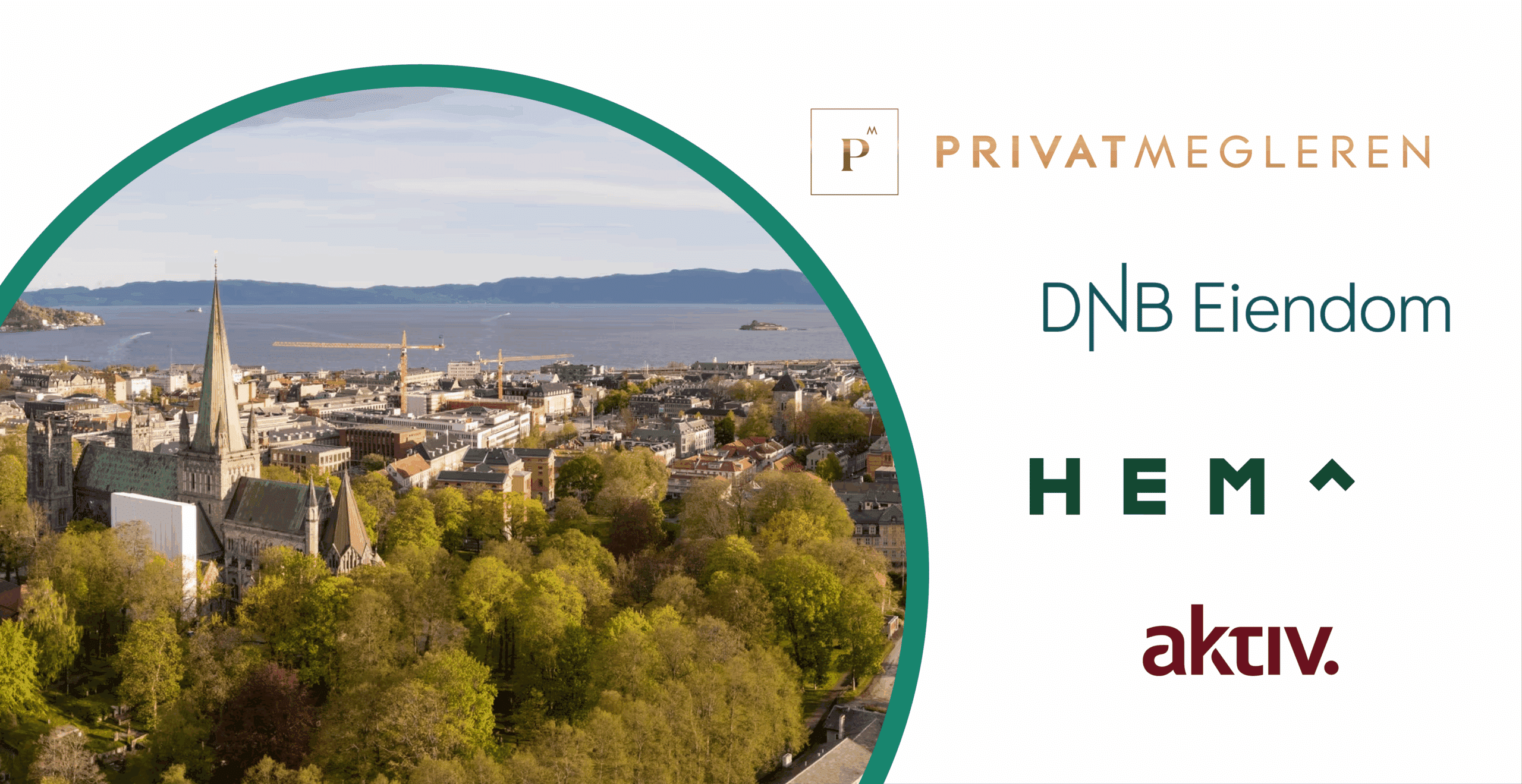 Panoramautsikt over Trondheim sentrum med Nidarosdomen og logoene til fire ledende meglerfirma i bakgrunnen.