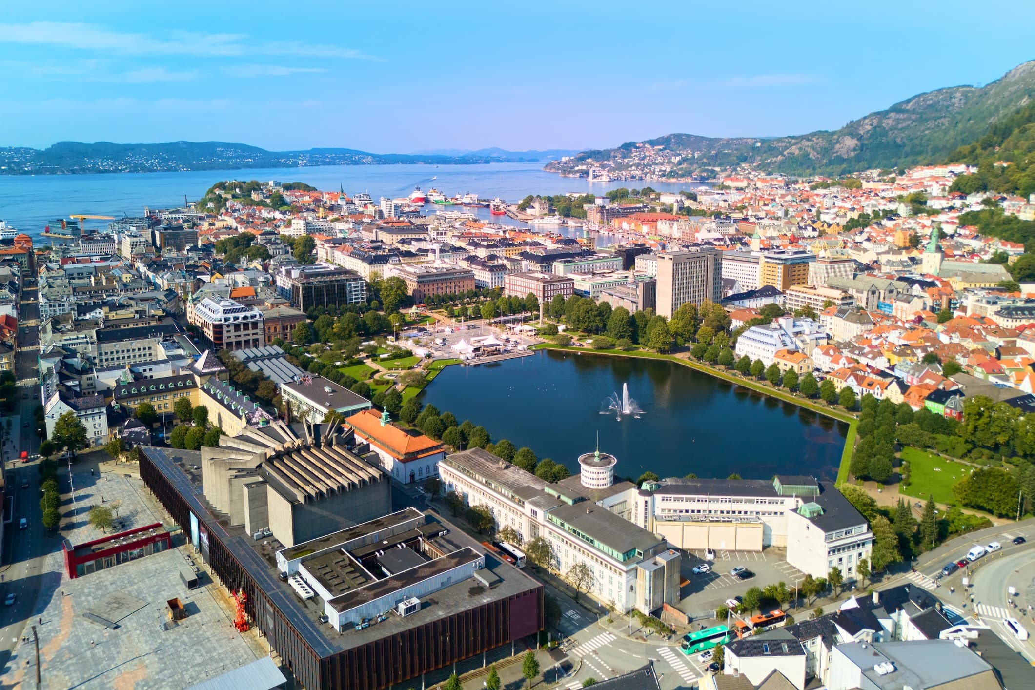 Dronebilde av Bergen sentrum